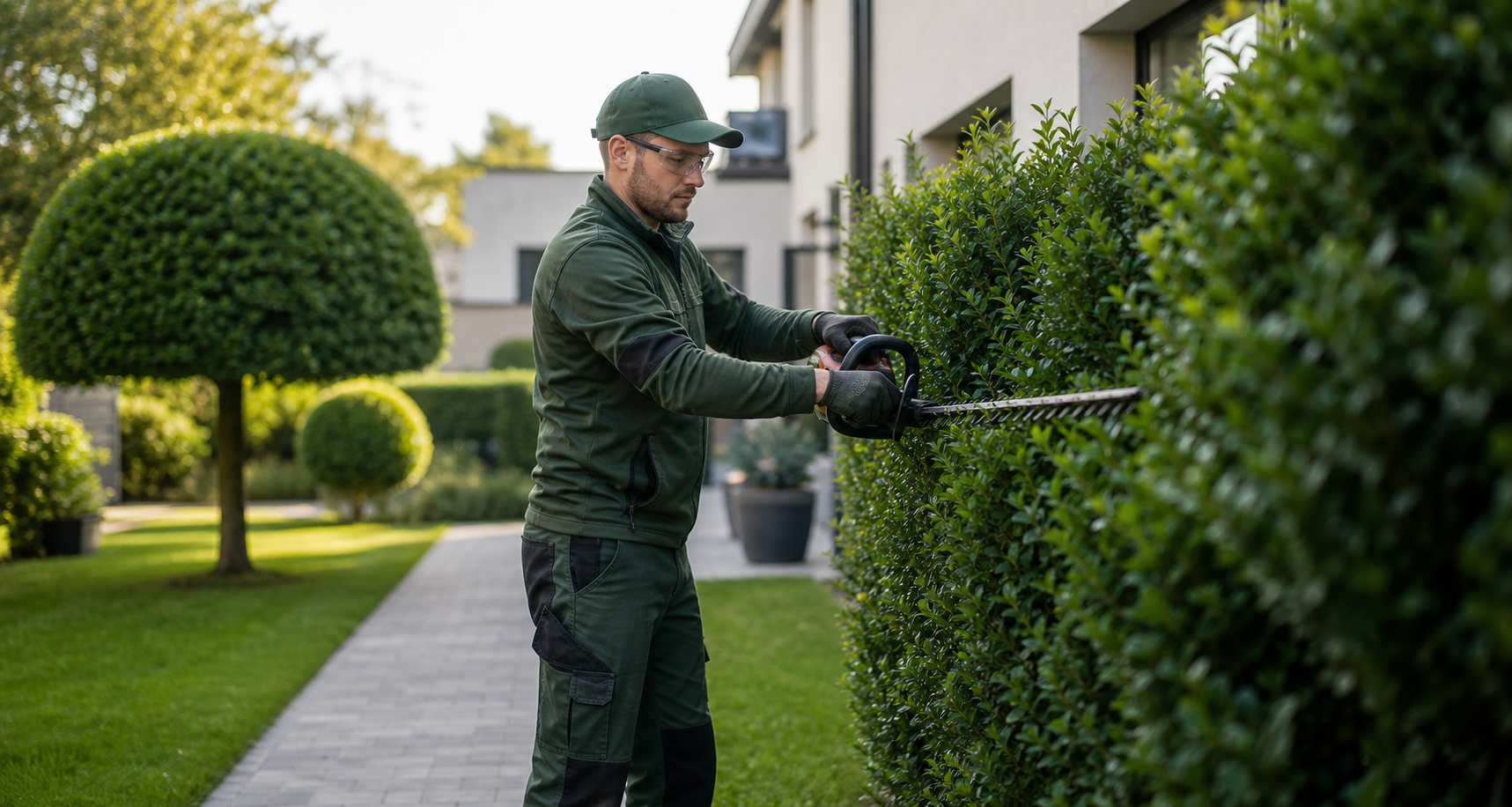 Gartenpflege und Außenanlagenbetreuung an einer gepflegten Wohnimmobilie