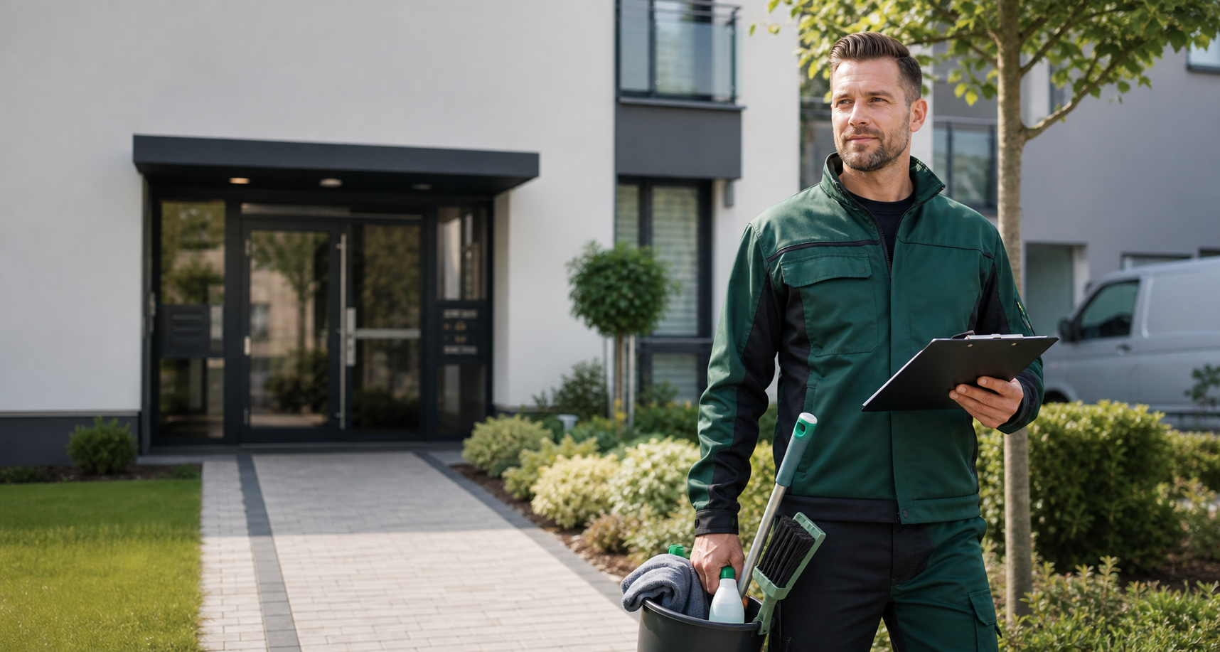 D-Homes Facility Service Mitarbeiter bei einer Objektbetreuung vor einem gepflegten Wohngebäude